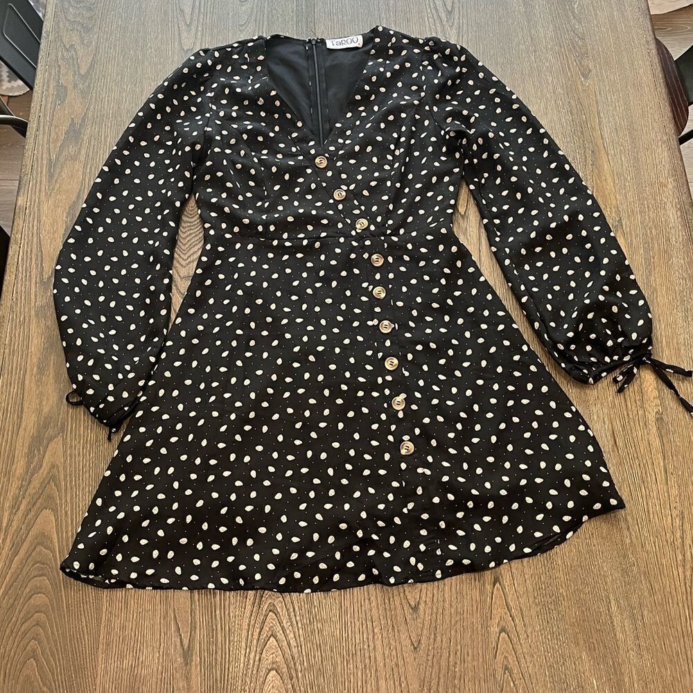 Taroo Black White Polkadot Mini Length Shift Dress Long Bubble Sleeve Size S